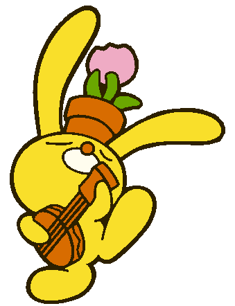 drawing of cookie (yellow rabbit, closed eyes, tulip on head) playing the banjo